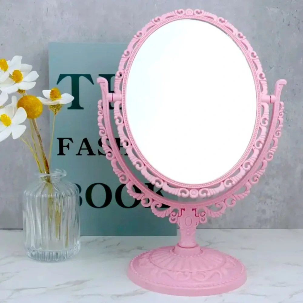 (NIB) Vintage Inspired Oval Tabletop Makeup Mirror Pink